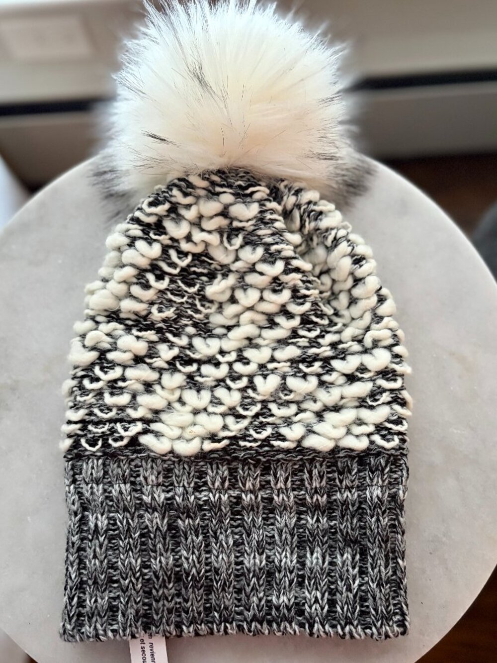 NWT Kyi Kyi Faux Fur Pom Pom Textured Knit Beanie | Made in Canada
